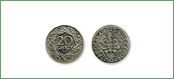 Moneta 20 gr<br/>
Okres obiegu: l. 1923-1939<br/>
Wymiary: śr. 20 mm, waga 3 g<br/>
<br/>
Jeżeli ktoś potrafił się targować, to miał szansę kupić… śledzia, który normalnie kosztował o 1 grosz więcej. A roli śledzia – nie tylko w Białymstoku – trudno nie doceniać. Potwierdza to opis w ilustrowanym tygodniku „Bluszcz” (1930 r.), z którym współpracowali m.in. M. Dąbrowska czy K.I. Gałczyński: „Śledzie je każdy – od smakosza, rozporządzającego poważnemi środkami finansowemi i ogromną erudycją gastronomiczną, do najbiedniejszego wyrobnika, tłukącego kamienie na szosie. Śledź jest produktem pierwszej potrzeby dla wszystkich.”
