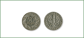 Moneta 50 gr<br/>
Okres obiegu: l. 1923-1939<br/>
Wymiary: śr. 23 mm, waga 5 g<br/>
<br/>
Trzy monety 50-groszowe wystarczyły, by razem z osobą towarzyszącą obejrzeć w kinie „Apollo” (z najgorszych miejsc, ale zawsze) „ostatni pożegnalny występ króla iluzjonistów Sembulerusa, z współudziałem pań Bronisławy, Zofii i Klary, w zupełnie nowym programie, jakiego jeszcze nie było”.
